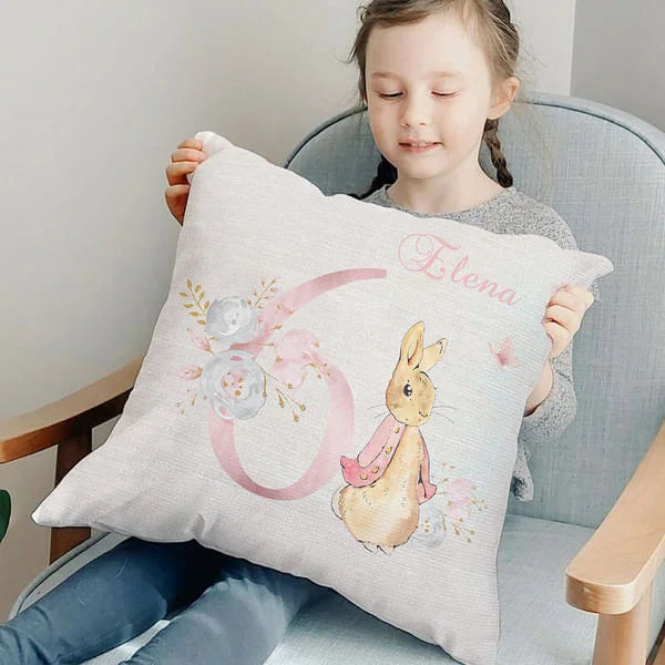 Personalised Cute Peter Rabbit Bunny Floral Throw Pillow Cover with Birth Month and Name Nursery Decor Baby Shower Birthday Gift for Boys Girls