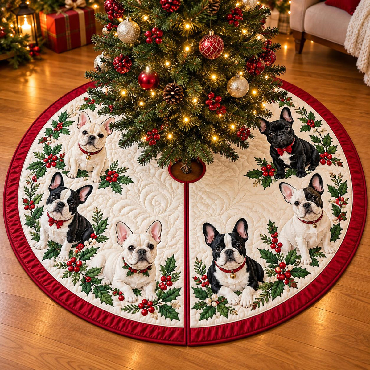 Quilted French Bulldog Christmas Tree Skirt – Festive Frenchie Design with Holly & Red Bows, Cozy Holiday Decor, Christmas Gift for Dog Lovers dd1909cc-fa29-42c5-9d67-7deb36876650-2.jpg
