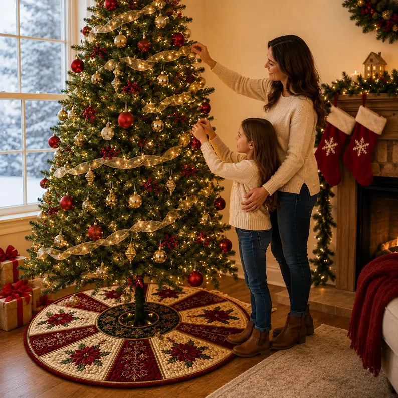 Christmas Tree Skirt Quilt, Poinsettia Quilted Tree Skirt, Red Gold Holiday Decor, Elegant Farmhouse Christmas Tree Mat Gift, Home Decor dd19b9c2-40aa-4dd3-90a9-4386d1b5897e-ggttgh-2-.webp