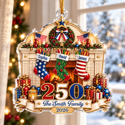 Our Family, Our Tradition America 250th Anniversary Christmas - Personalized Acrylic Ornament - Christmas Gift For Family dddeabbd-179f-4740-bd06-3be0376f74a5-banner-1.png