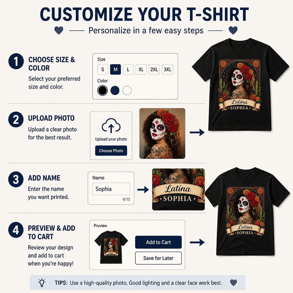 Custom Día de los Muertos Portrait T‑Shirt with Name Banner - Personalized T-shirt ddfd4e0e-97a7-4fb0-a318-bbdb1c91211e.jpg