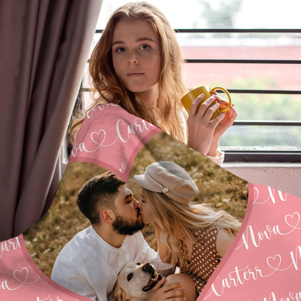 Personalised Heart Couple Photo Soft Throw Blanket with Name Home Decor Valentine's Day Anniversary Gift for Couple