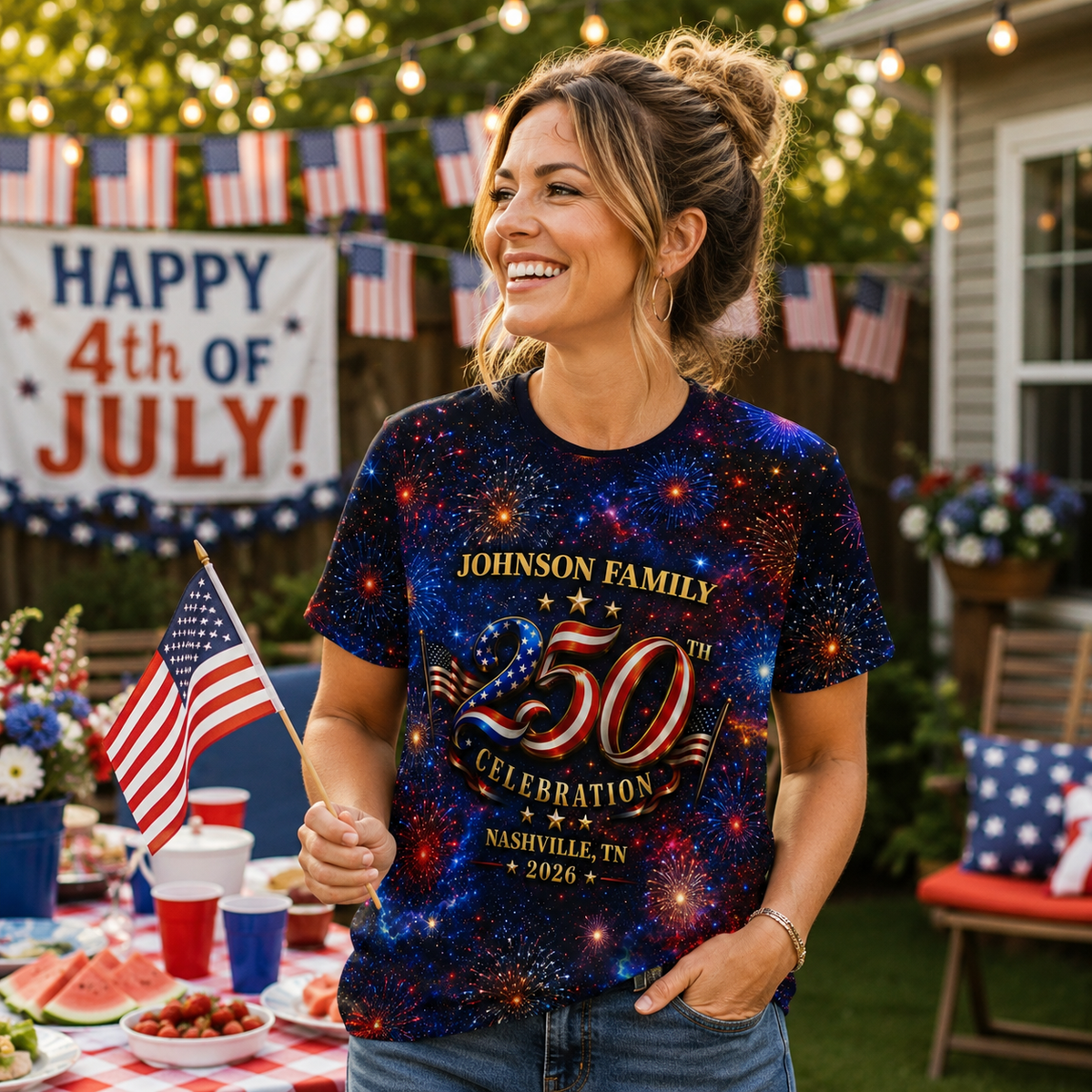 Custom Family American 250th Anniversary 1776 - 2026 3D Shirt, Family Matching Patriotic Crew Shirt, Gift for Dad, Mom, Patriotic Shirt