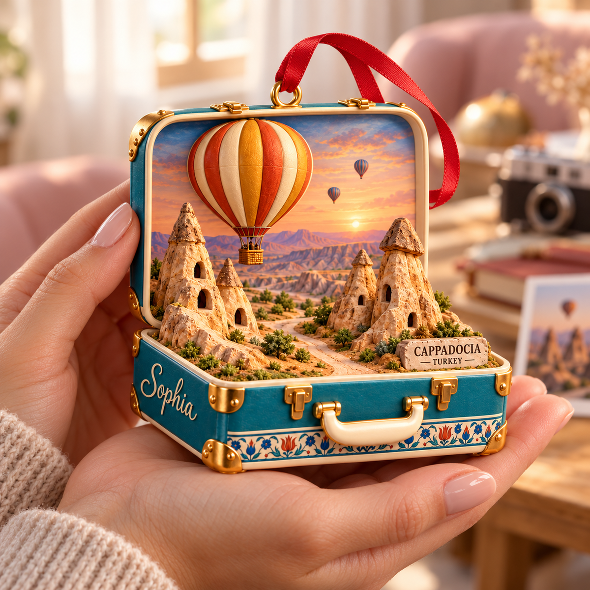 Personalized Cappadocia Turkey 3D Suitcase Christmas Ornament, Custom Name Hot Air Balloon Travel Keepsake, Turkey Vacation Souvenir Gift dedf0202-8bb9-4c64-b473-4182aeddfcf7-Cappadocia-suitcase-ornament-in-warm-hands-3.png