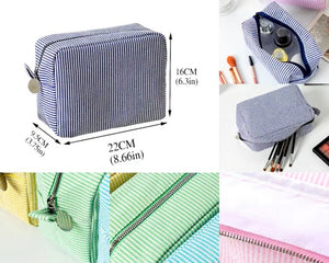 Personalized Seersucker Makeup Bag, Embroidered Cosmetic Bag, Bridesmaid Gifts, Large Capacity Monogrammed Toiletry Bag, Bridal Shower Gifts