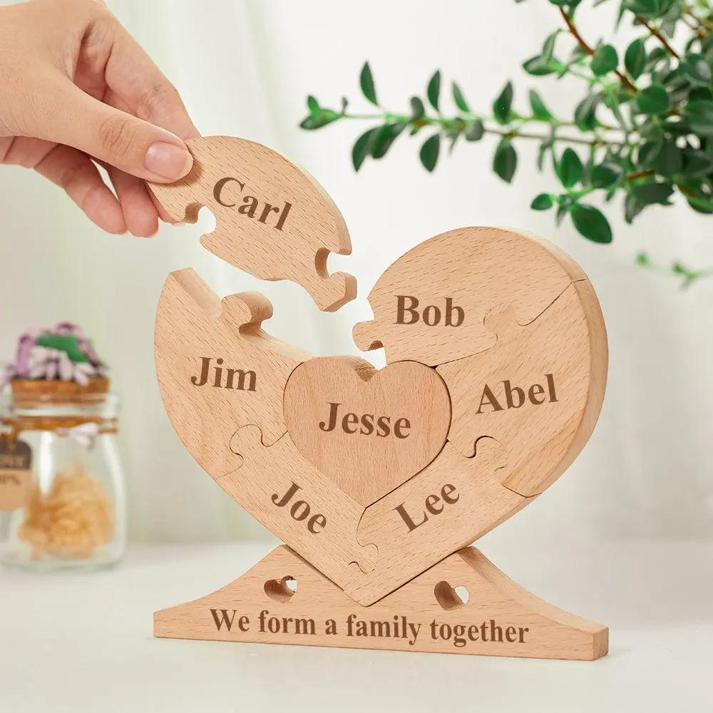 Custom Engraved Wooden Name Heart Puzzle Decor Family Name Heart Puzzle Home Decoration Father's Day Gift For Dad Gift For Grandpa
