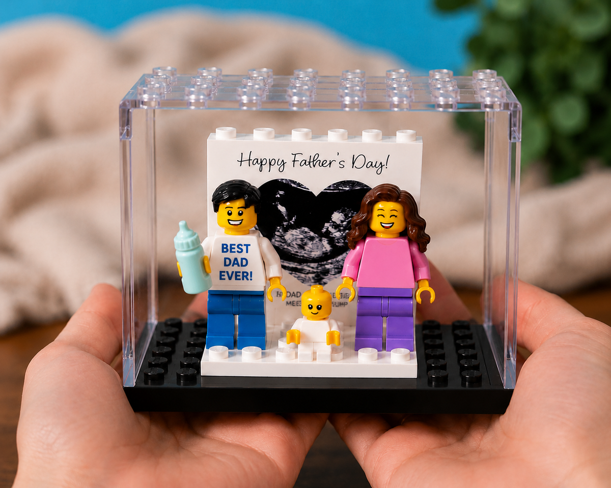 Baby Scan Photo Block, Personalised First Father's Day Gift, Custom Dad Minifigure, New Dad Pregnancy Keepsake, Daddy Gift From Bump