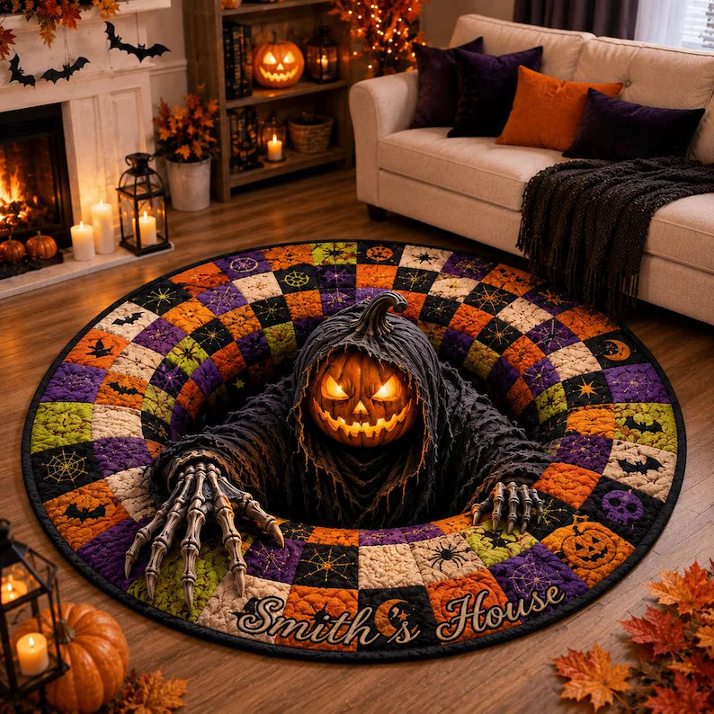 Personalized Quilted Round Halloween Rug, Custom Name Pumpkin Reaper Rug, Spooky Patchwork Decor, Gothic Horror Doormat, Halloween Gift df21f9eb-7fff-4b9a-a811-31c624c416dd-fghfghgf-4-.webp