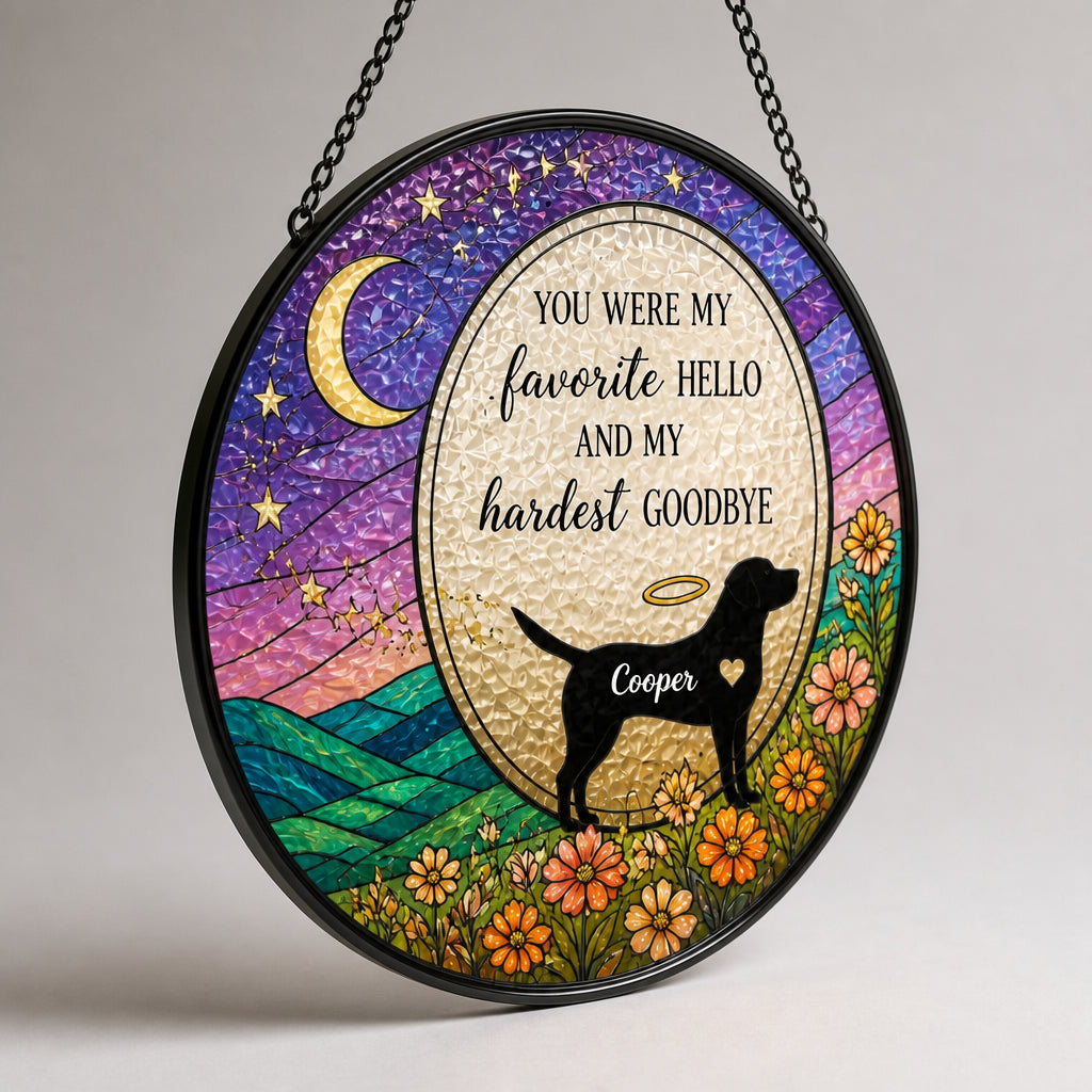 Favorite Hello Hardest Goodbye Dog Memorial Stained Glass Suncatcher – Personalized Name - Personalized Suncatcher Stained Glass df9210e8-05f5-459c-a495-a14cfe4f1180.jpg