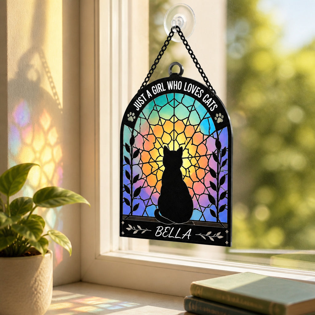Just A Girl Who Loves Cats — Stained-Glass Cat Suncatcher (Name) - Personalized Suncatcher Ornament df9ce4a9-2c5d-46d2-8429-4b7b3e77579f.jpg