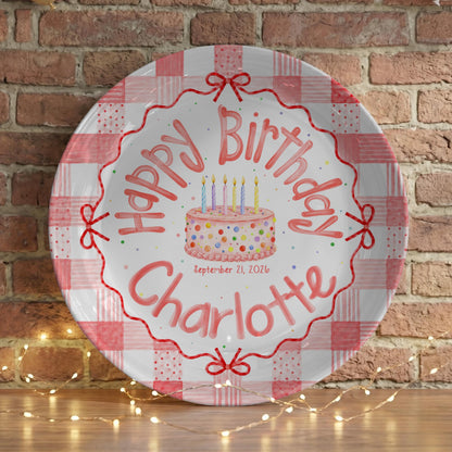 Personalized Pink Gingham Birthday Plate, Custom Name Date Girl Birthday Keepsake, Pink Bow Ceramic Party Decor dfca70b9-02a3-4d6d-b420-872be2d70321-8.jpg