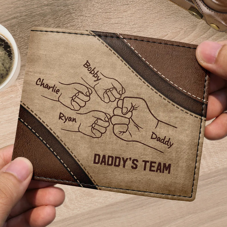Daddy's Team Fist Bump Personalized Men s Wallet, Father's Day Gift, Birthday Gift For Husband, Dad, Grandpa