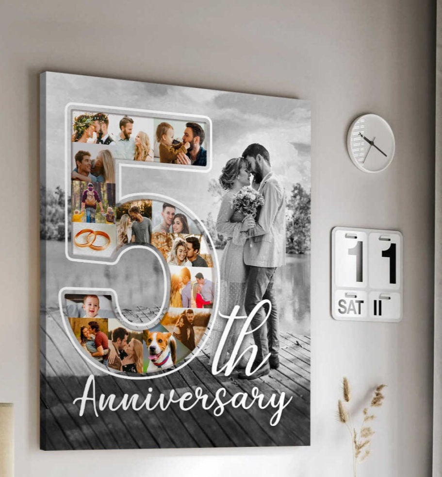 5 Year Anniversary Photo Collage Canvas Print, 5th Anniversary Gift