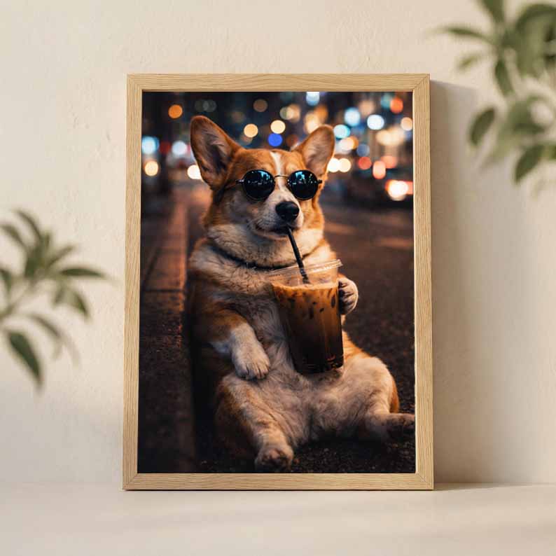 Drinking Iced Coffee Poster Canvas , Funny Dog Art Funny Animal Print, Coffee Lover Gift, Dog Lovers Gift , Dog Mom Gift Dog Dad Gift