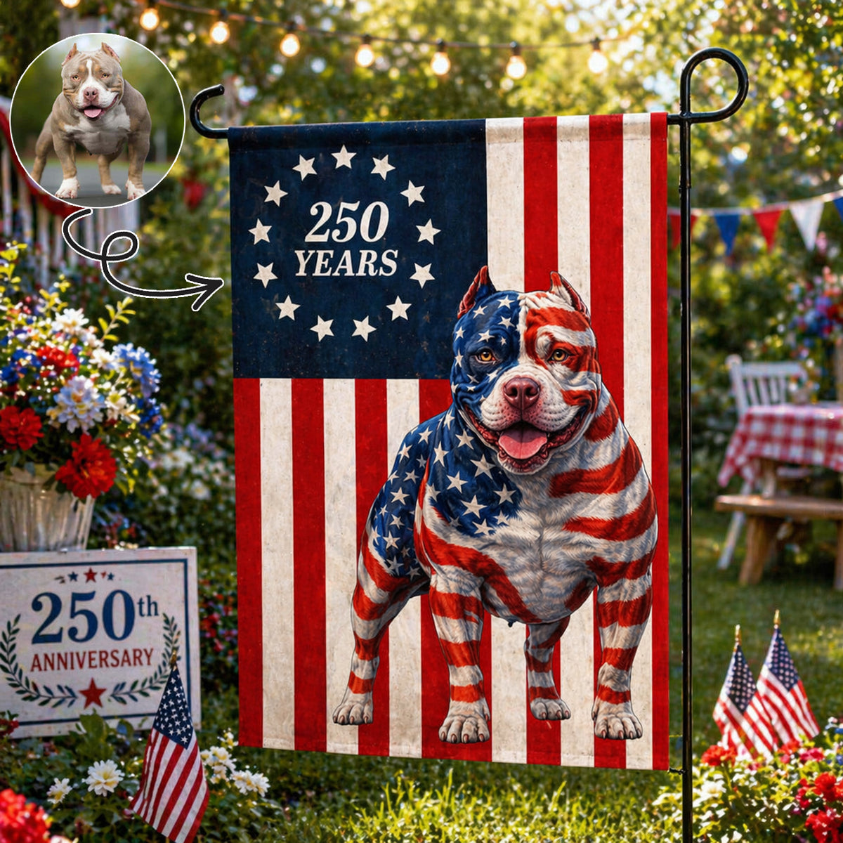 Patriotic Dog Garden Flag, 250 Years Betsy Ross Flag Decor for Dog Lover Custom Dog Photo Flag 250th Anniversary Flag