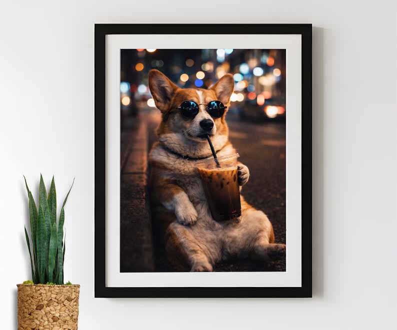 Drinking Iced Coffee Poster Canvas , Funny Dog Art Funny Animal Print, Coffee Lover Gift, Dog Lovers Gift , Dog Mom Gift Dog Dad Gift