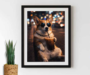 Drinking Iced Coffee Poster Canvas , Funny Dog Art Funny Animal Print, Coffee Lover Gift, Dog Lovers Gift , Dog Mom Gift Dog Dad Gift