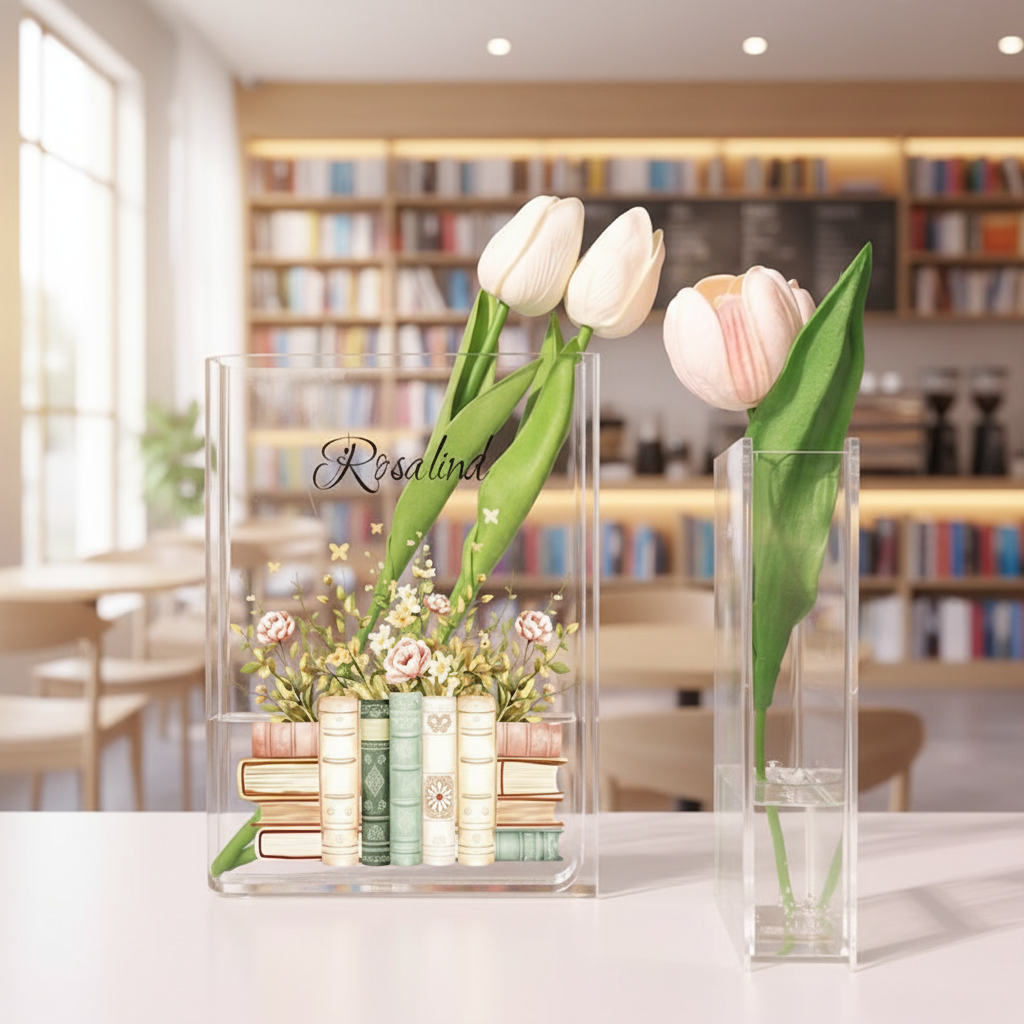 Vintage Book Stack Acrylic Book Vase, Floral Bookshelf Bookish Vase, Floral Book Shaped Vase, Flowers and Books,Custom Gift for Book Lovers