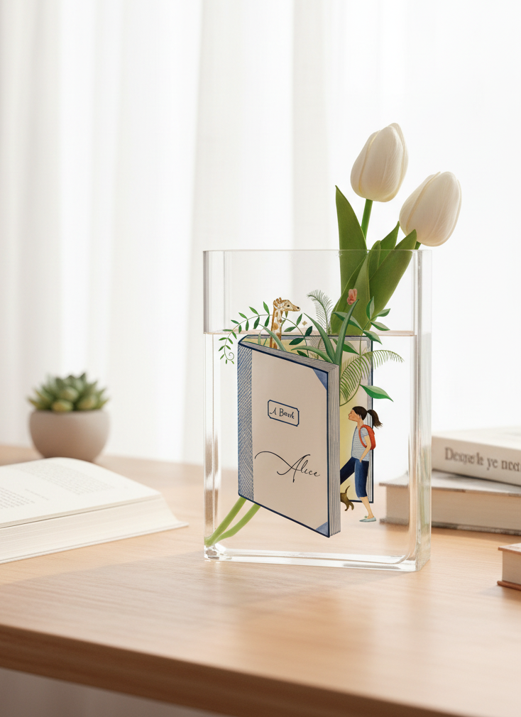 Customized Name World of Books Acrylic Book Vase,Eco-Friendly Home Decor,Personalized Flowers and Books Book Vase,Vase Gifts for Book Lover