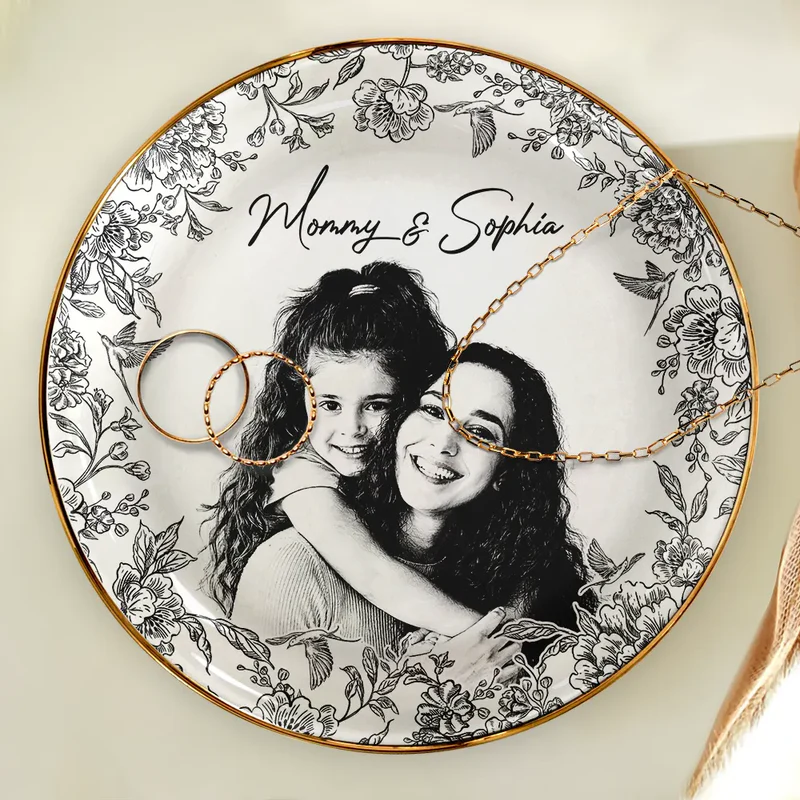 Custom Photo Pencil Sketch Loving Couple Family Pet - Personalized Ring Dish