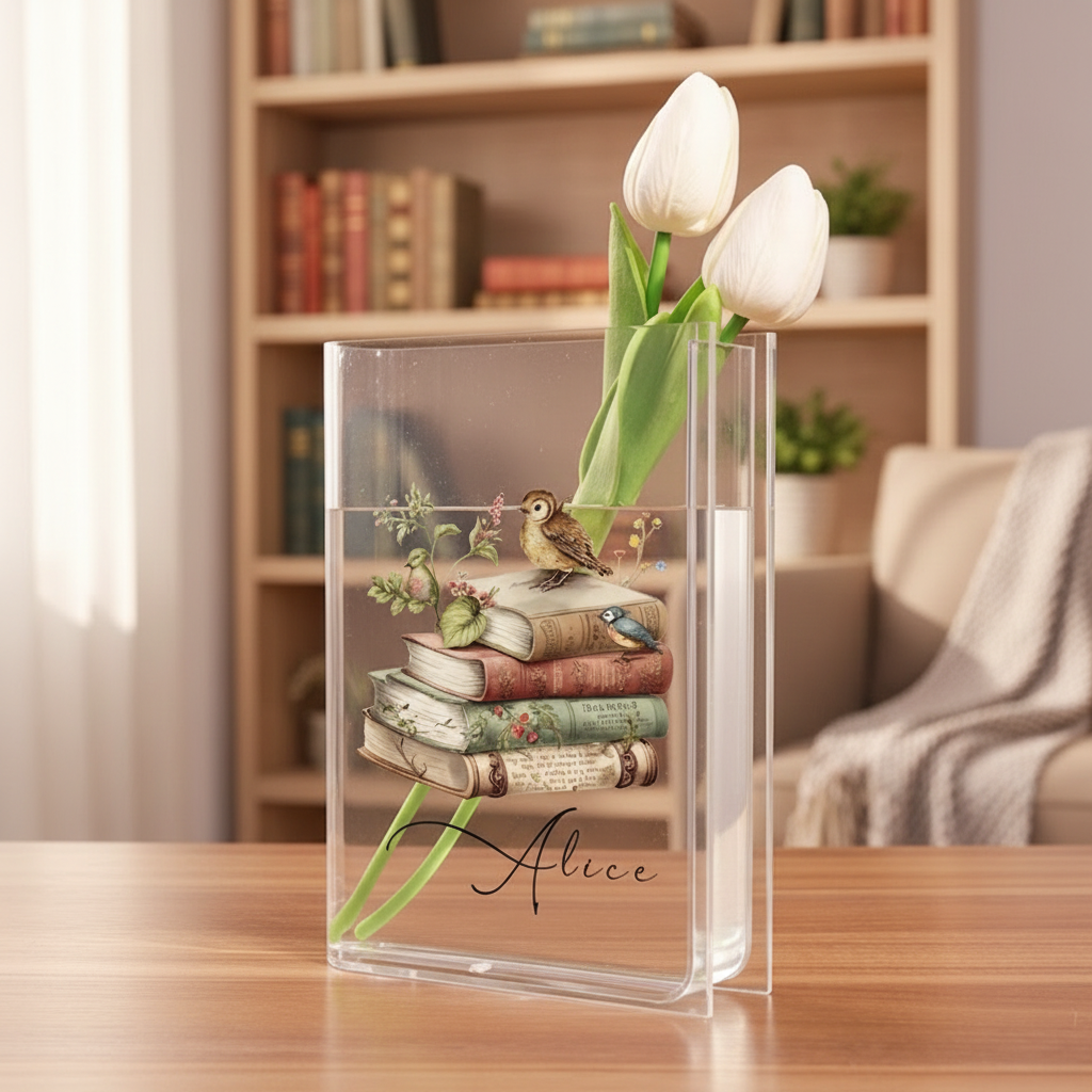 Customized Name Ancient Books And Birds Acrylic Book Vase,Eco-Friendly Home Decor,Personalized Book of Nature Book Vase,Gift for Book Lover