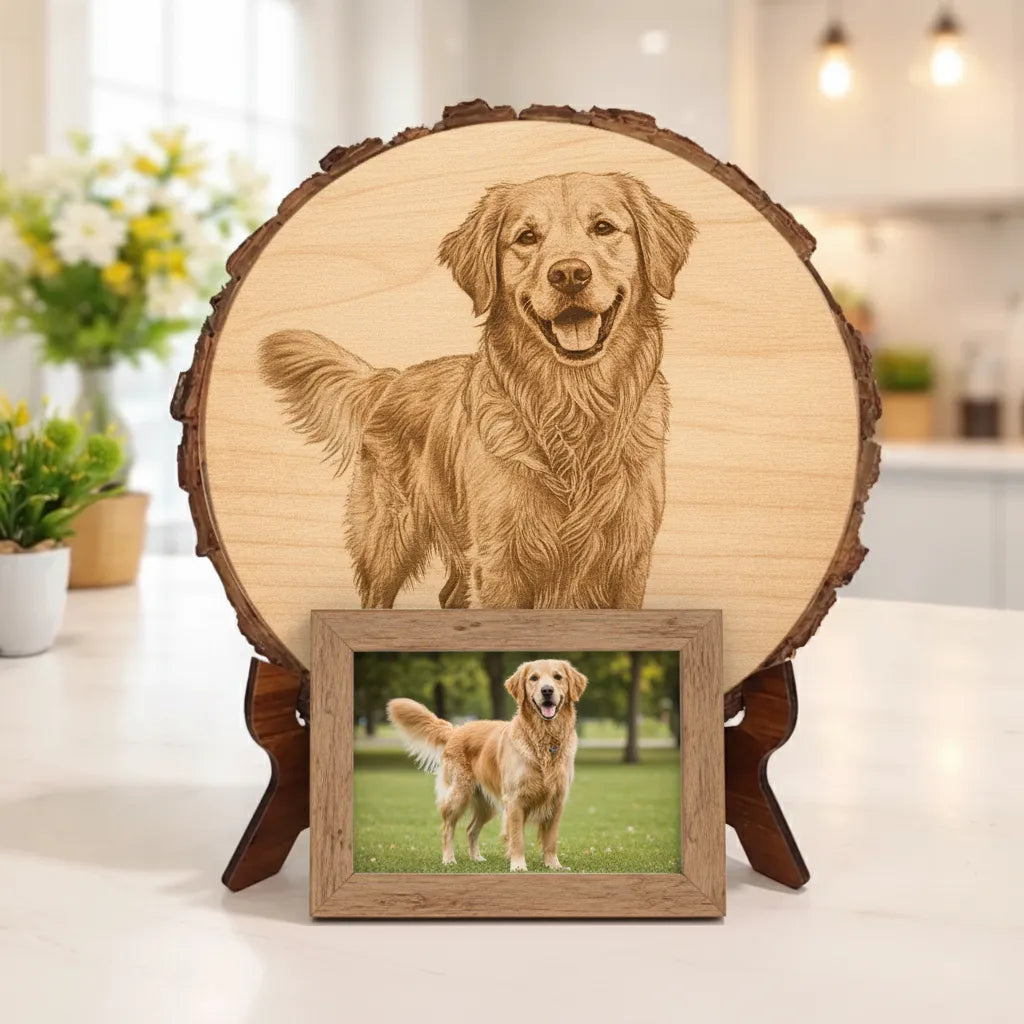 Pet Memorial Plaque - Personalized Dog photo engraved live edge wood slab Custom Pet Tribute
