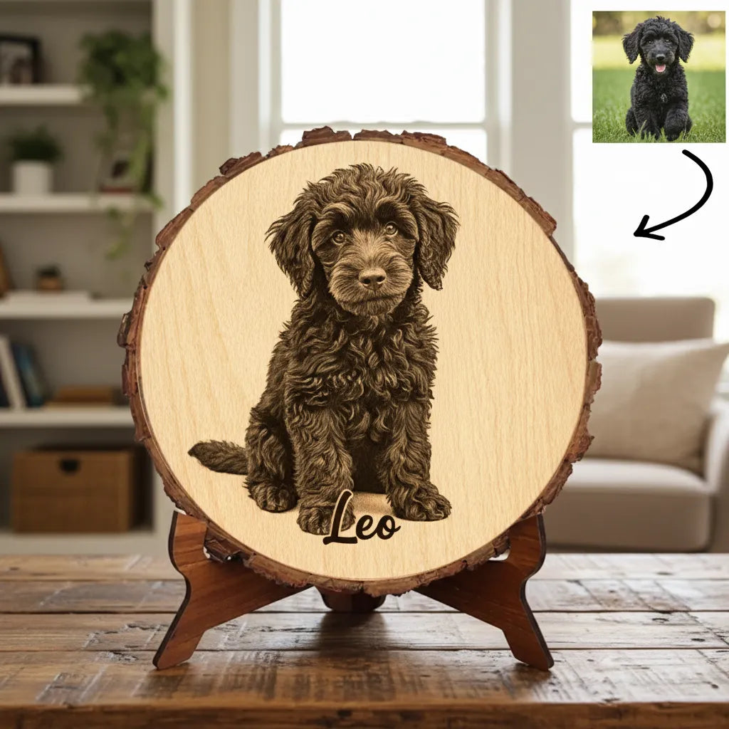 Pet Memorial Plaque - Personalized Dog photo engraved live edge wood slab Custom Pet Tribute