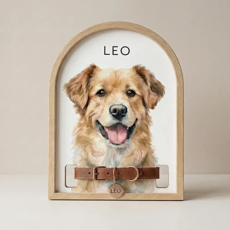 Custom Watercolor Pet Memorial Frame with Collar Holder, Pet Memorial Collar Holder