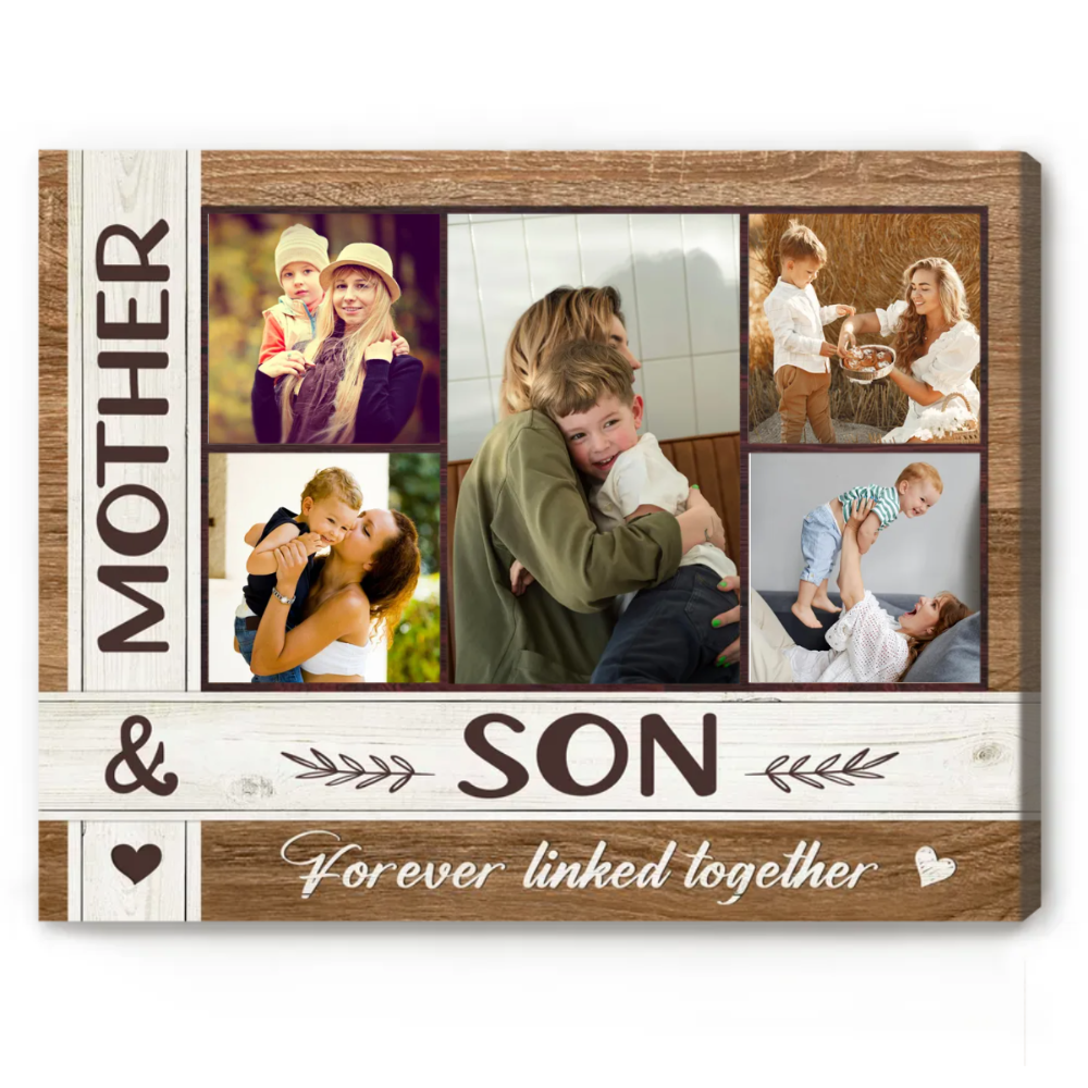Mother And Son Custom Photo Collage Canvas, Mother's Day Gift From Son To Mom, Personalized Son To Mother Gifts, Mother & Son Forever Linked Together