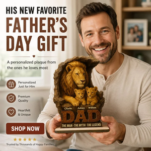 Lion Dad And Kids Personalized Standing Wooden Plaque, Unique Father's Day Gift For Dad