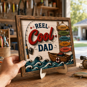 Reel Cool Dad Custom Kids Names Fishing - Personalized Wooden Frame - Father s Day Gift For Dad