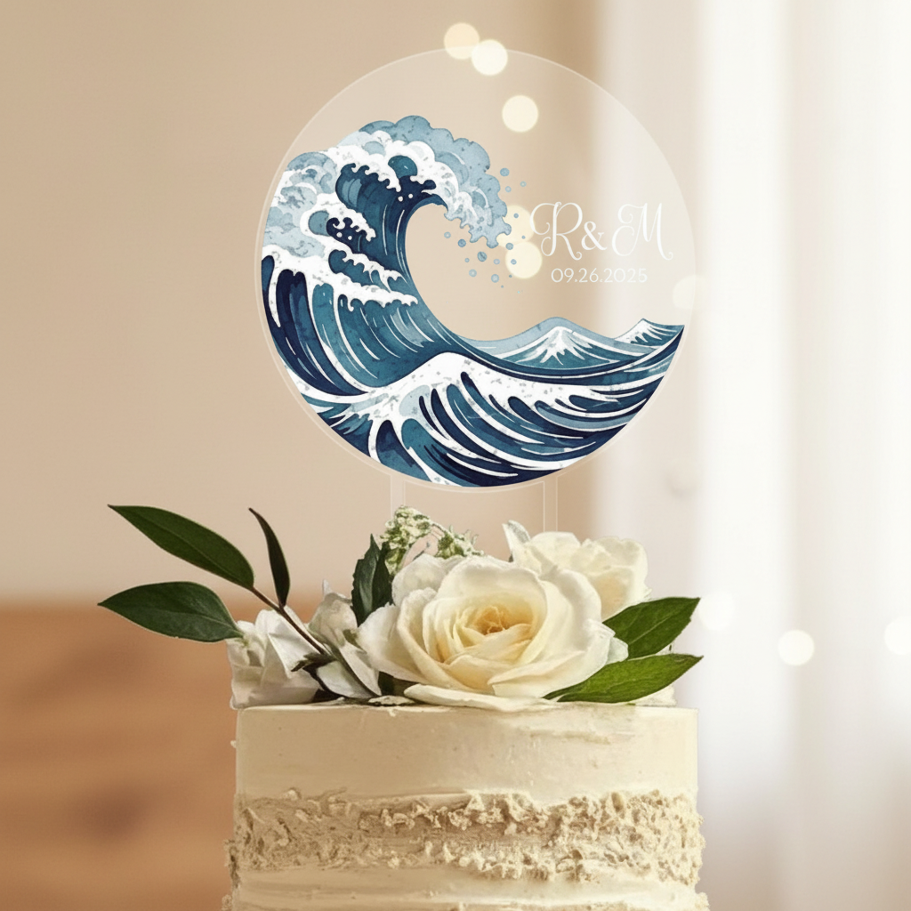 Beach Wedding Cake Topper, Blue Sea Wave Acrylic Cake Sign, Birthday Cake Topper, Engagement Event Decor