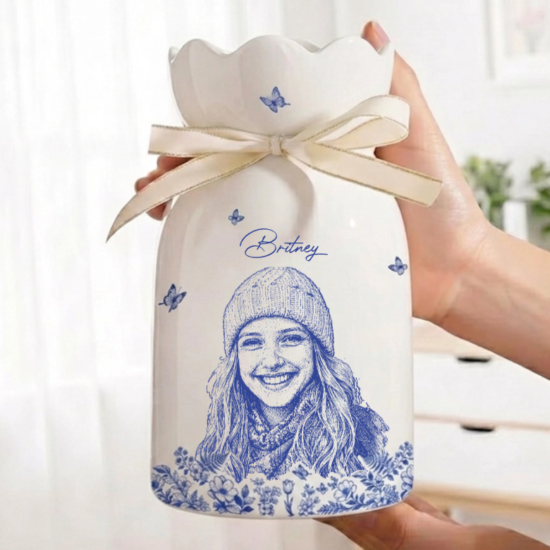 Custom Photo Pencil Sketch Art Loving Couple Family Pet - Personalized Ceramic Flower Vase