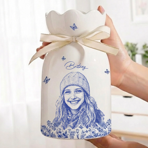Custom Photo Pencil Sketch Art Loving Couple Family Pet - Personalized Ceramic Flower Vase