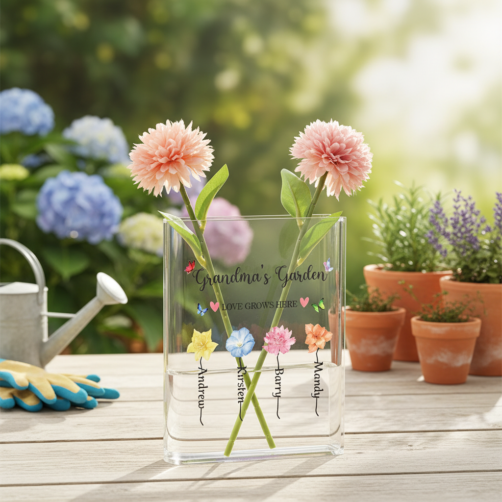 Book Shaped Acrylic Vase for Flowers, Personalized Birth Flower Vase for Mom Grandma, Custom Kids Name Clear Vase, Mothers Day Gift
