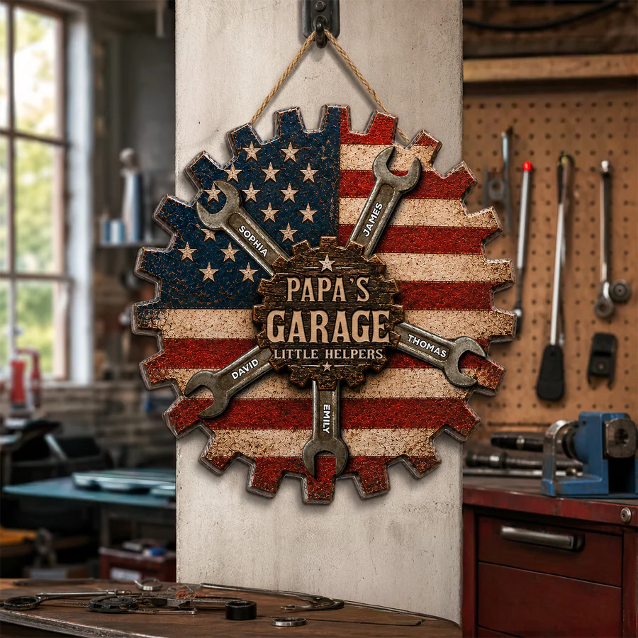 Rustic Workshop Little Helpers Nation Flag - Personalized Wooden Garage Sign - Mechanic Dad, Grandpa