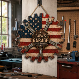 Rustic Workshop Little Helpers Nation Flag - Personalized Wooden Garage Sign - Mechanic Dad, Grandpa