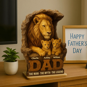 Lion Dad And Kids Personalized Standing Wooden Plaque, Unique Father's Day Gift For Dad