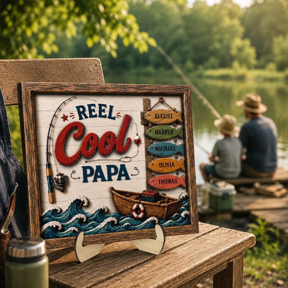 Reel Cool Dad Custom Kids Names Fishing - Personalized Wooden Frame - Father s Day Gift For Dad