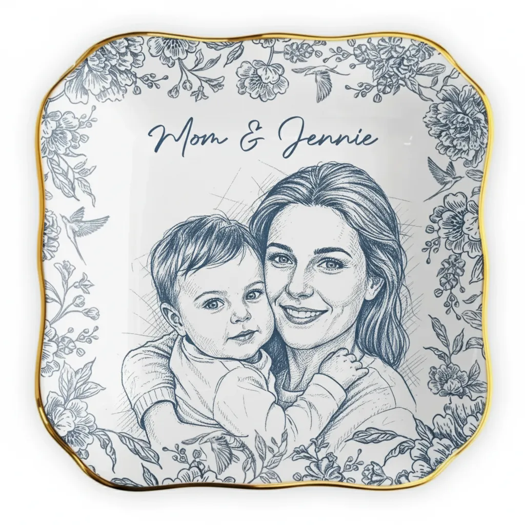 Custom Photo Pencil Sketch Loving Couple Family Pet - Personalized Ring Dish