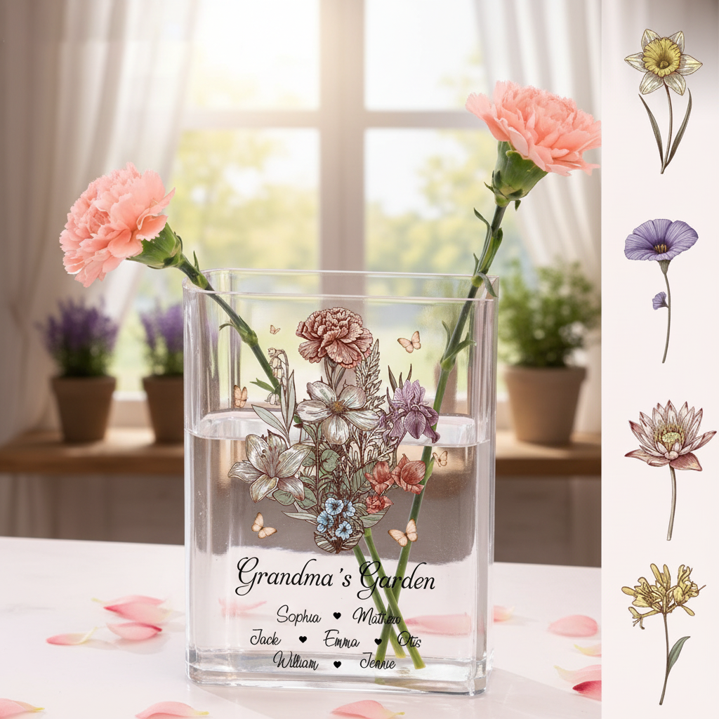 Personalized Grandma Flower Vase, Grandma's Garden Custom Name Vase Gift, Family Birth Flower Vase