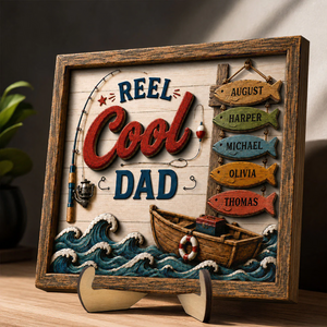 Reel Cool Dad Custom Kids Names Fishing - Personalized Wooden Frame - Father s Day Gift For Dad
