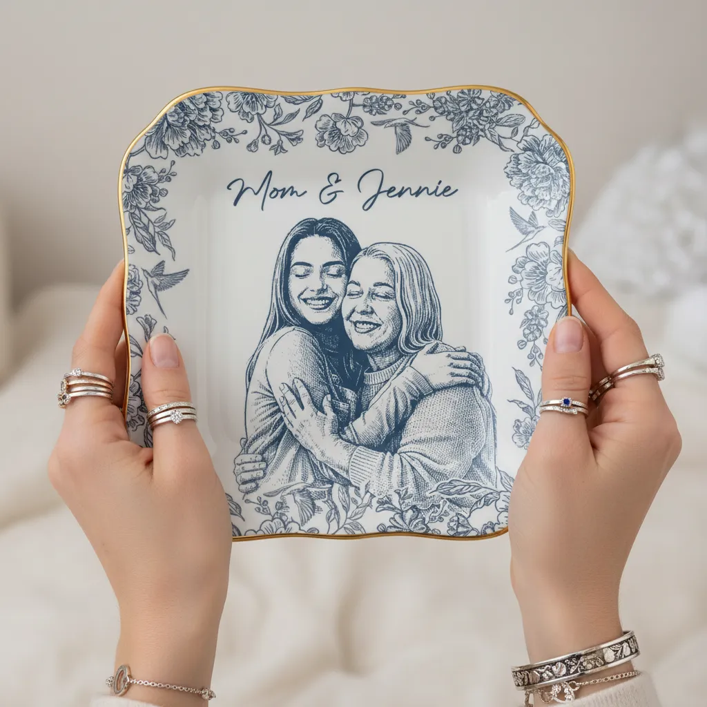 Custom Photo Pencil Sketch Loving Couple Family Pet - Personalized Ring Dish