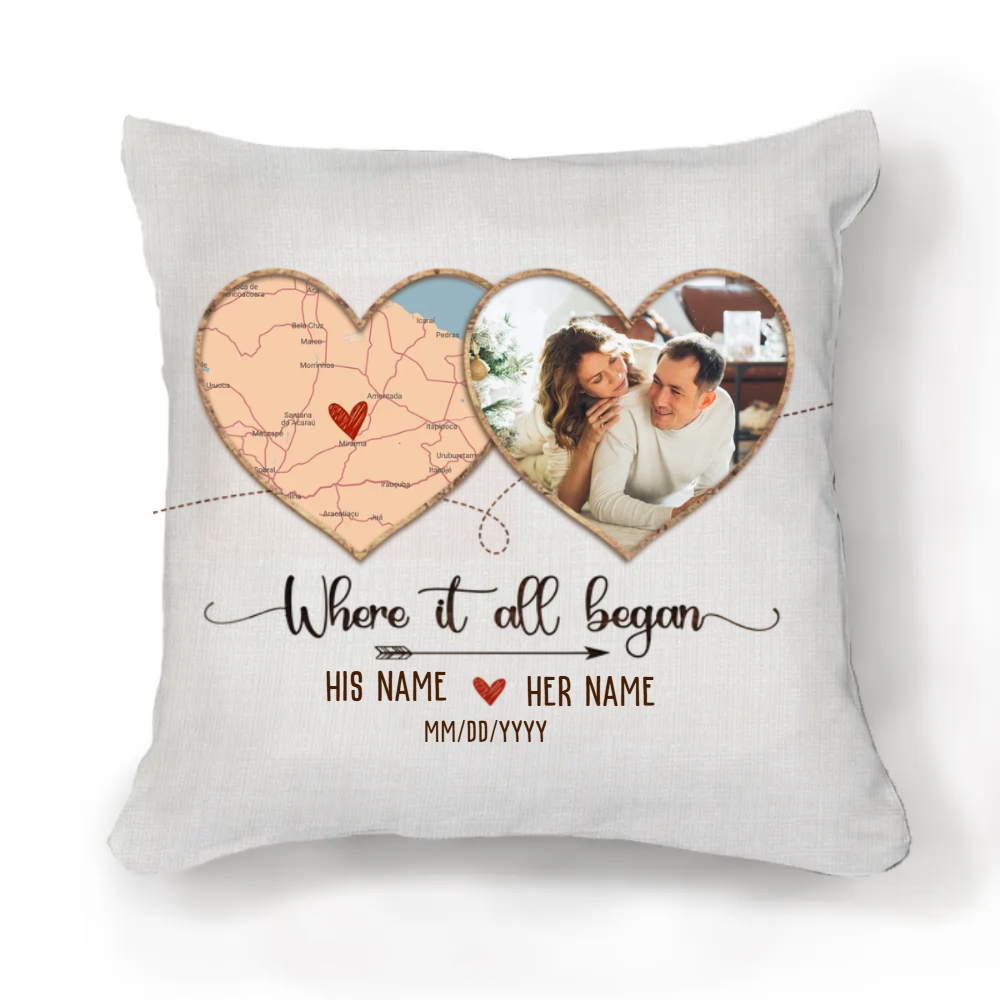 Where It All Began Personalized Map Pillow, First Date Map Print, Custom Valentines Day Photo Pillow Gift, Anniversary Gift For Couple