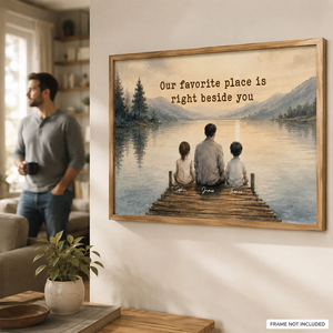 Peaceful Lakeside Dad And Kids Watercolor Style - Personalized Poster