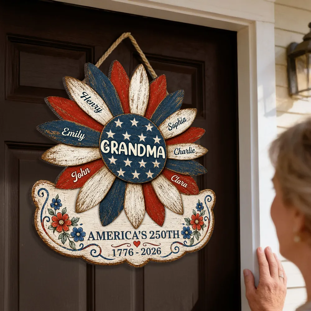 Grandma Nation Flag Sunflower America 250th Anniversary - Personalized Wood Sign - 250 Years Of Freedom, Patriotic Decoration