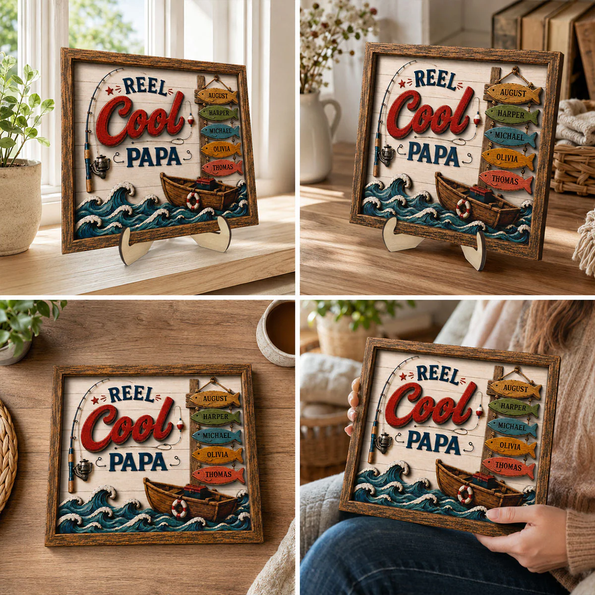 Reel Cool Dad Custom Kids Names Fishing - Personalized Wooden Frame - Father s Day Gift For Dad