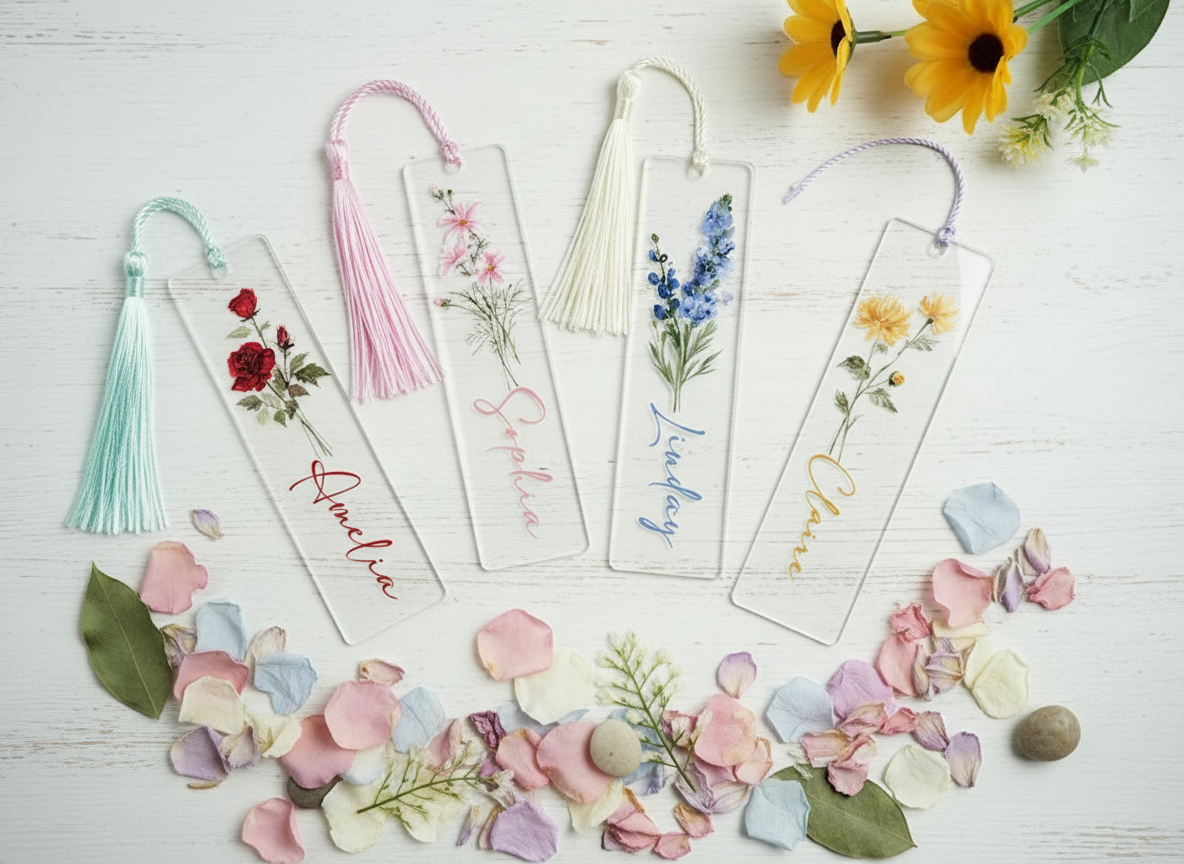 Personalized Birth Flower Bookmark, Acrylic Bookmark Gift, Name Bookmark, Aesthetic Bookmark with Tassel, Graduation Gifts, Reader Gift