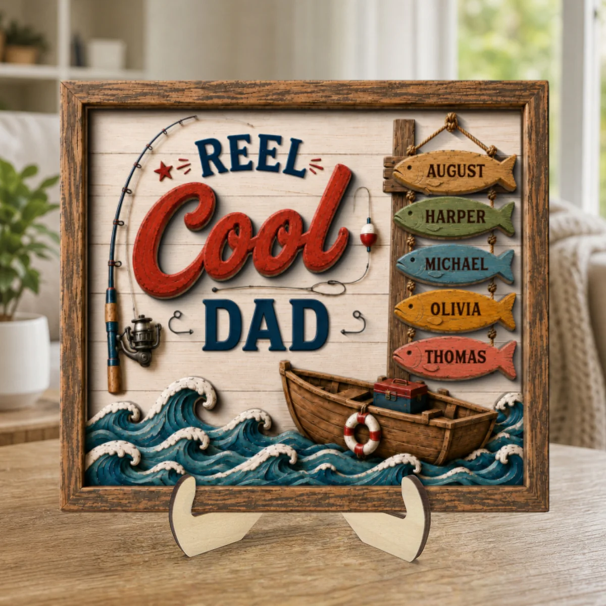 Reel Cool Dad Custom Kids Names Fishing - Personalized Wooden Frame - Father s Day Gift For Dad