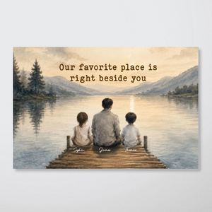 Peaceful Lakeside Dad And Kids Watercolor Style - Personalized Poster